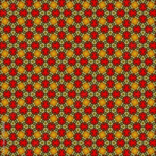 Fototapeta Seamless kaleidoscope floral pattern intricate red and gold floral mosaic design for fabric, wallpaper, and backgrounds