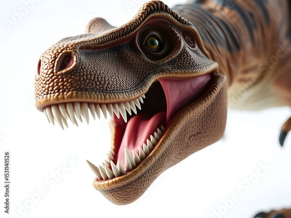 Obraz Menacing T-Rex figurine with razor-sharp teeth, isolated on white, showcasing primal ferocity and intricate craftsmanship.