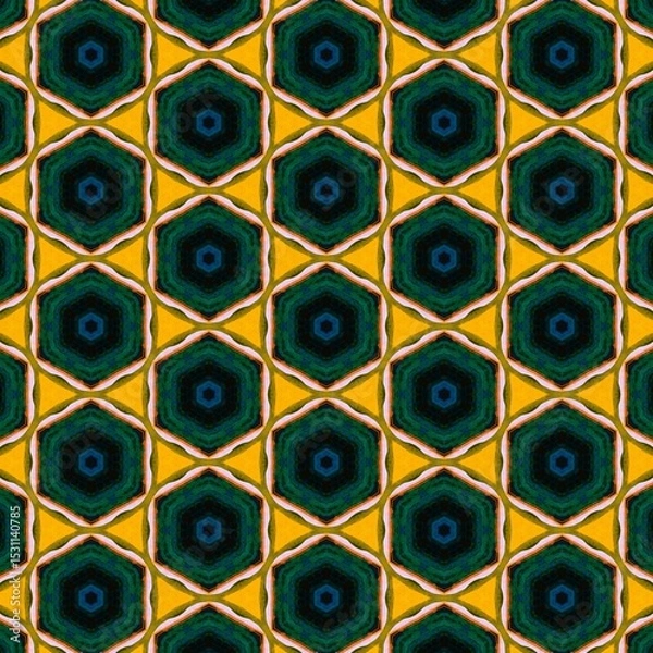 Fototapeta Seamless kaleidoscope floral pattern emerald and sapphire hexagons on gold design for fabric, wallpaper, and backgrounds
