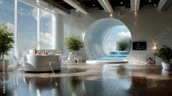 Fototapeta Zoomed-out scene showing bright minimalist room with a round desk, translucent chairs, sunlight reflecting on AI assistant's chest panel while syncing devices wirelessly 