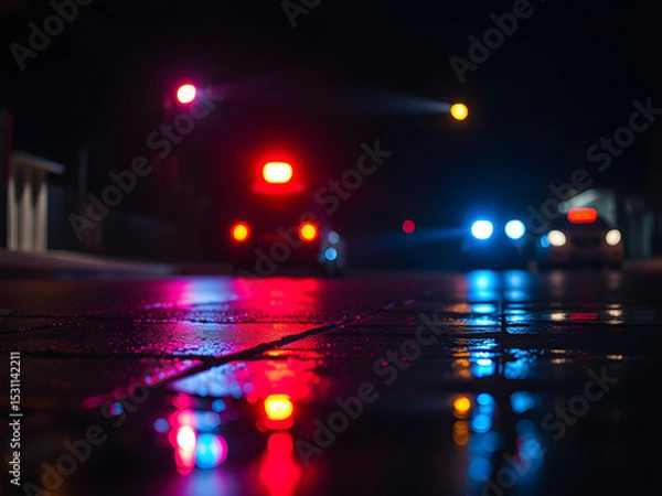 Obraz Glowing red and blue lights on wet pavement, a dramatic urban night scene evoking urgency and tension