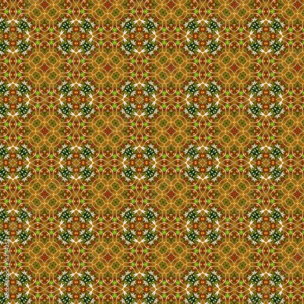 Fototapeta Seamless kaleidoscope floral pattern intricate brown and green floral design for fabric, wallpaper, and backgrounds