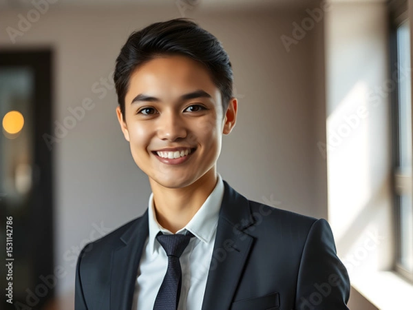 Obraz Young professional exuding confidence in business attire, embodying ambition and professionalism in a modern workplace.