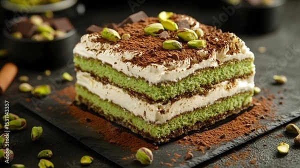 Obraz A piece of tiramisu, layered with green cake and white cream on top, sprinkled with pistachios and chocolate