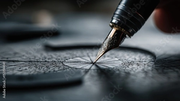 Fototapeta Gold Nibbed Fountain Pen Drawing Intricate Pattern on Dark Surface