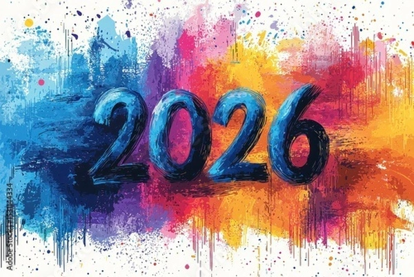 Fototapeta Bold blue 2026 numbers over colorful splattered paint background with vibrant artistic expression and abstract gradient design Generative AI