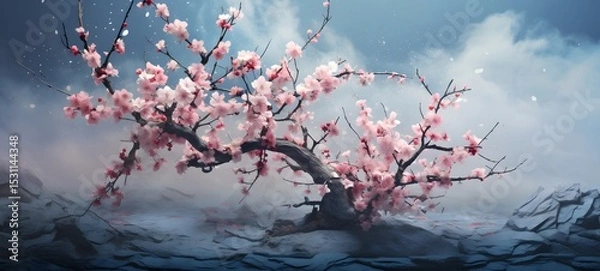 Fototapeta Cherry blossoms tree in Delfts Blauw, ai generative