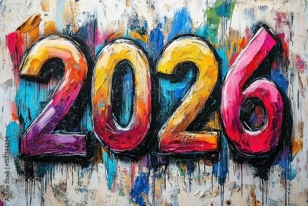 Fototapeta Bold 2026 numbers painted in thick textured brushstrokes on colorful abstract background with dripping vibrant oil paint effect Generative AI