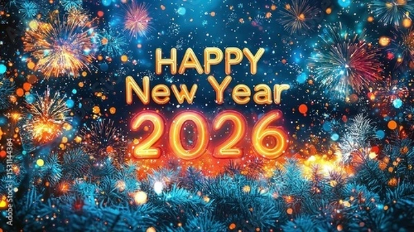 Fototapeta Happy new year 2026 glowing text with fireworks bokeh and snowy pine branches in festive winter night celebration Generative AI