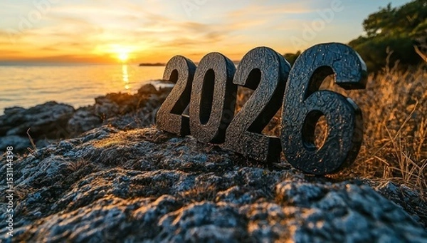 Fototapeta Black 2026 numbers on rocky coastline at sunset with golden light reflecting off ocean and dramatic sky in natural outdoor scene Generative AI