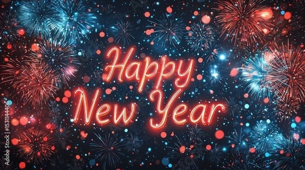 Fototapeta Happy new year glowing red neon text with colorful red and blue fireworks and festive bokeh lights on dark night sky Generative AI
