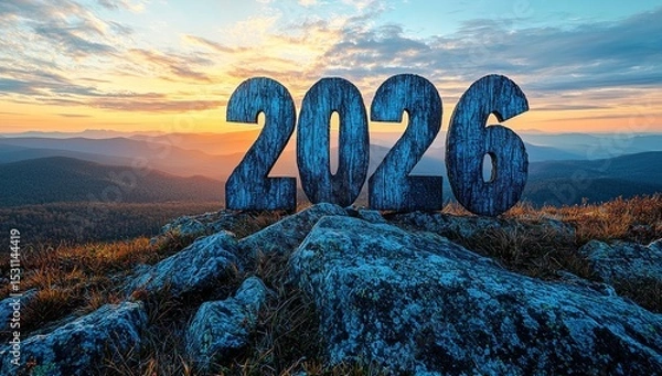 Fototapeta Weathered blue 2026 numbers on mountain peak at sunrise with scenic valley view and dramatic clouds in natural outdoor setting Generative AI