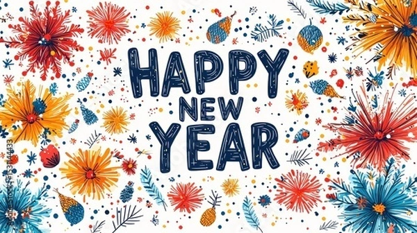 Fototapeta Happy new year festive illustration with bold text surrounded by colorful fireworks leaves and confetti on white background Generative AI