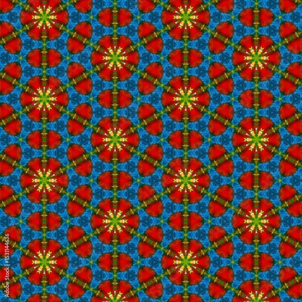 Fototapeta Seamless kaleidoscope floral pattern vibrant red and green blossoms on blue design for fabric, wallpaper, and backgrounds