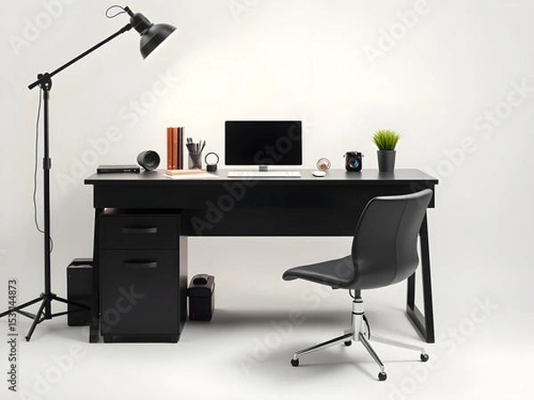 Obraz Minimalist black leather desk with office essentials, a clean and professional workspace