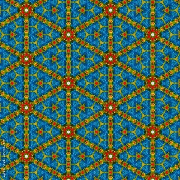 Fototapeta Seamless kaleidoscope floral pattern geometric floral shapes in blue, red, and gold design for fabric, wallpaper, and backgrounds