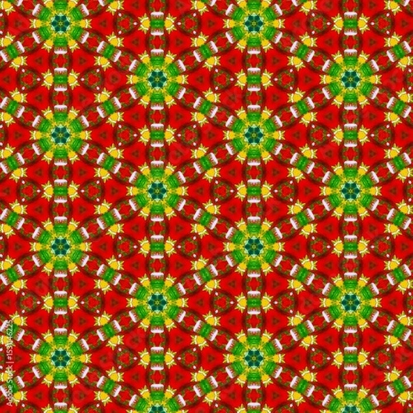 Fototapeta Seamless kaleidoscope floral pattern vibrant red, green, and yellow design for fabric, wallpaper, and backgrounds