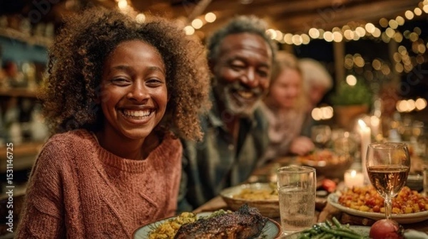 Fototapeta Happy Multigenerational Family Dinner with Warm Lighting