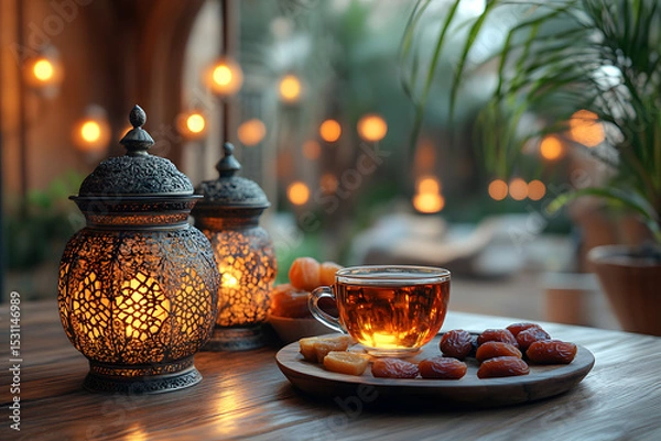 Obraz Ramadan tea dates lantern lights cozy evening