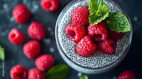 Obraz Chia pudding topped with fresh raspberries and mint