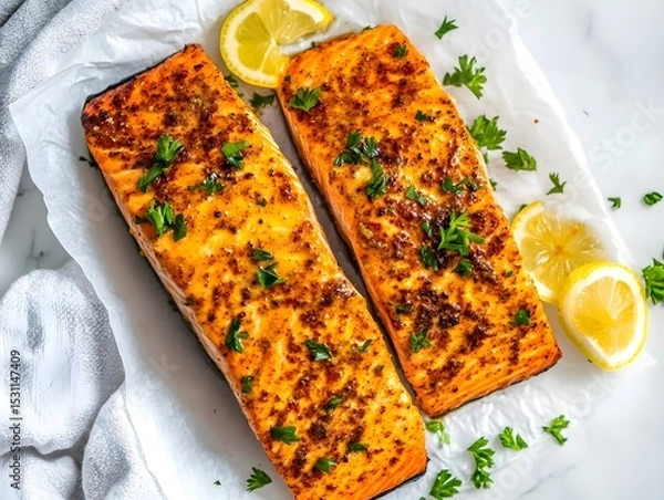 Obraz overhead baked pepper salmon fillets