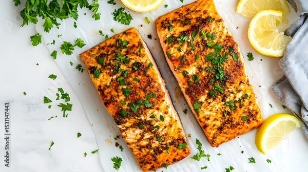Obraz overhead baked pepper salmon fillets