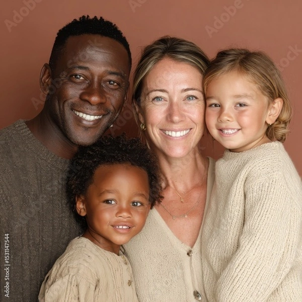 Fototapeta Happy Multiracial Family Portrait Against Brown Background