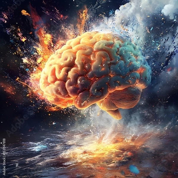 Obraz Concept art of a human brain exploding with knowledge on a book