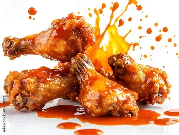 Obraz Crispy chicken wings covered in spicy buffalo sauce splash on white background