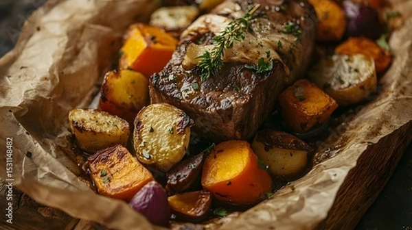 Obraz Culinary Innovation Beef Tallow Cooked Roasted Vegetables