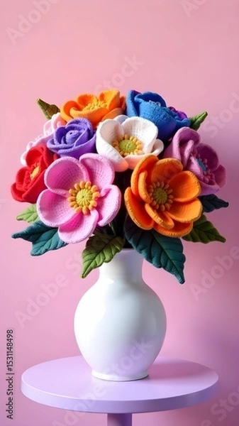 Obraz Colorful felt flower bouquet in a white vase against a pink background