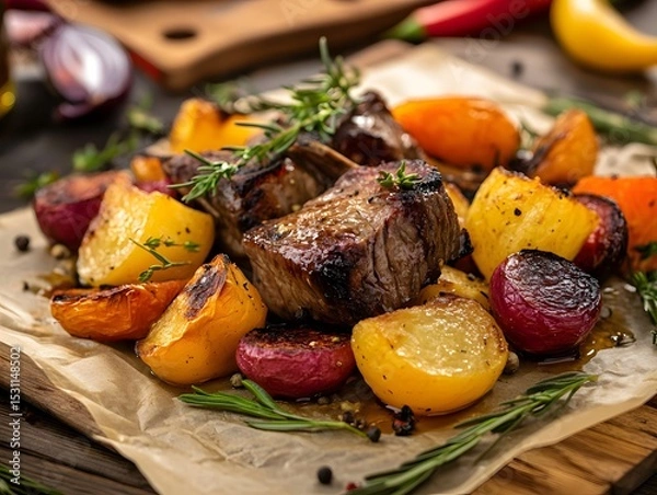 Obraz Culinary Innovation Beef Tallow Cooked Roasted Vegetables