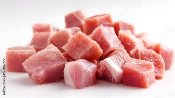 Obraz Diced meat cubes food ingredient raw pork on a white background