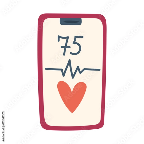 Fototapeta phone with a heart pattern, cardiogram, and the number of beats. The flat color illustration is suitable for medical websites, posters about health, fitness, disease prevention and cardiac activity.
