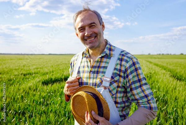 Obraz Portrait of adult male farmer standing in green wheat field looking at camera.