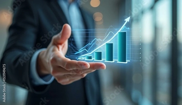 Obraz Businessman presenting a holographic graph showing growth and success.