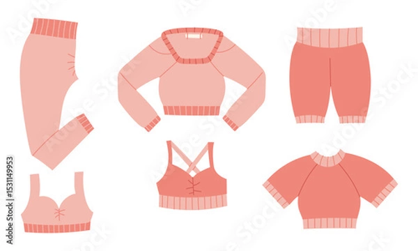 Fototapeta set of pink sportswear. Top, tank top, leggings, shorts. The flat color illustration is suitable for applications, posters about health, fitness, exercise, disease prevention and cardiac activity