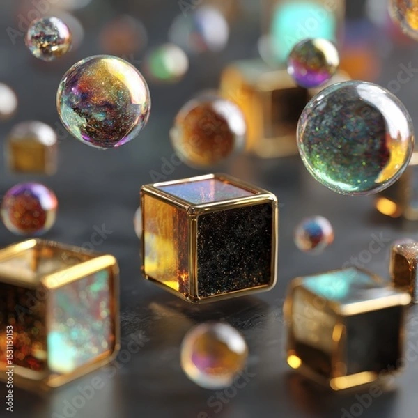 Fototapeta Iridescent Bubbles and Gold Cubes in Dark Space