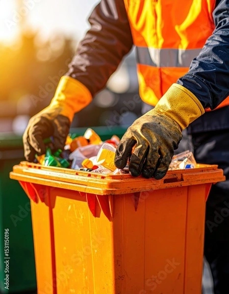 Fototapeta Worker sorting recyclables in orange bin with protective gear at sunset