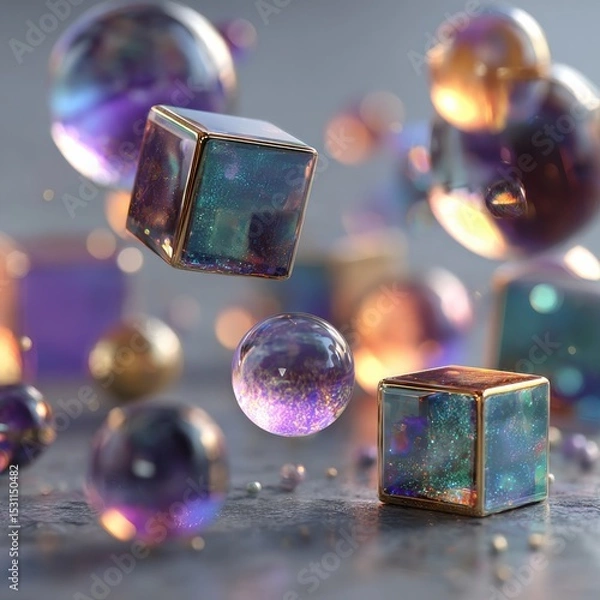 Fototapeta Iridescent Cubes and Spheres Floating in Space Abstract 3D Rendering