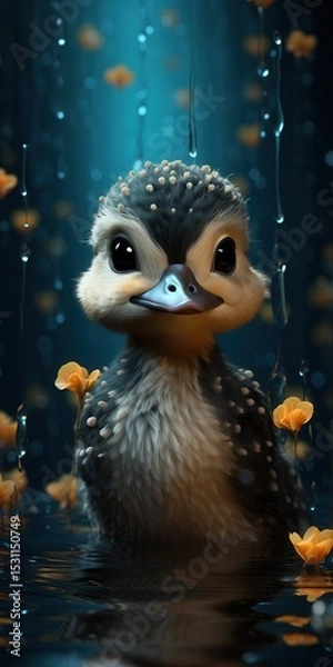 Obraz A charming animated young duckling with a delightful smile, surrounded by vibrant orange flowers in a serene watery setting.