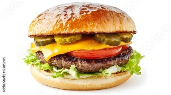 Obraz juicy cheeseburger. Brioche pastry, beef patty, iceberg salad, tomato, pickles, house burger sauce. Front view. Isolated on a white background