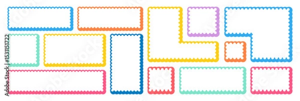 Fototapeta Frames Scalloped Vector Corrugated Bento Grid Shapes Set. Scallop Frame Wavy Retro Stickers Collection. Zig Zag Edge Geometric Borders Tag Boxes. Wiggle Line Design Sign Background. Isolated