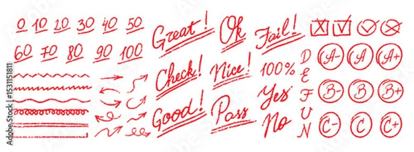Fototapeta Exam Grade Marks Red Crayon Icons Set. School Score Teachers Handwriting Education Grading Doodle Symbols Collection. Homework Score Hand Drawn Chalk Vector Emphasis Scribble Style Symbols