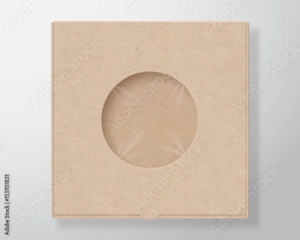 Fototapeta Craft Paper Pizza Box Package Template. Realistic Pack made of Brown Carton with Texture. Food Snacks Vector Packaging Bag with Transparent Round Plastic Window. Mockup with Soft Shadows. Isolated
