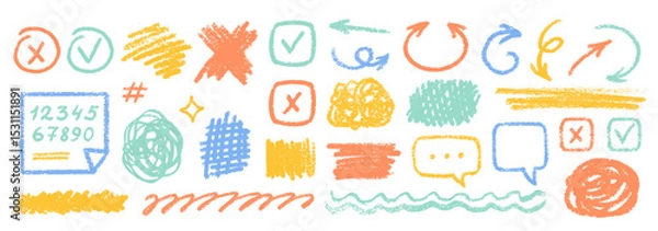 Fototapeta Cute Chalk Pencil Emphasis Squiggles Vector Set. Crayon Scribble Graffiti Arrows Frames Speech Bubbles Underlines. Hand Drawn Brush Texture Star Shapes Highlights. Pencil Childish Charcoal Doodles