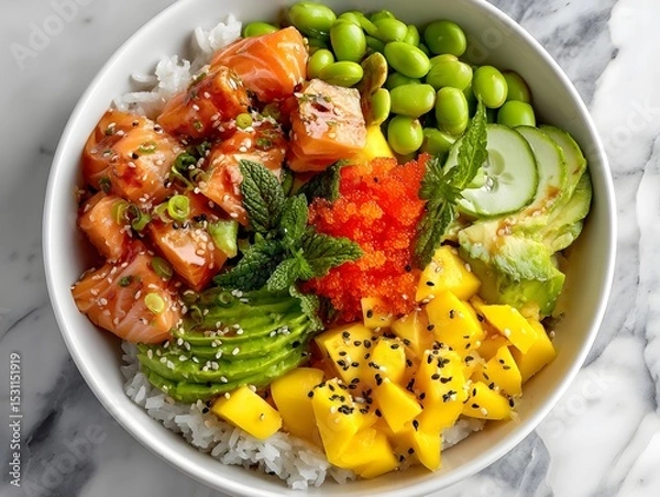 Obraz Poke bowl with salmon avocado edamame mango and rice on white background
