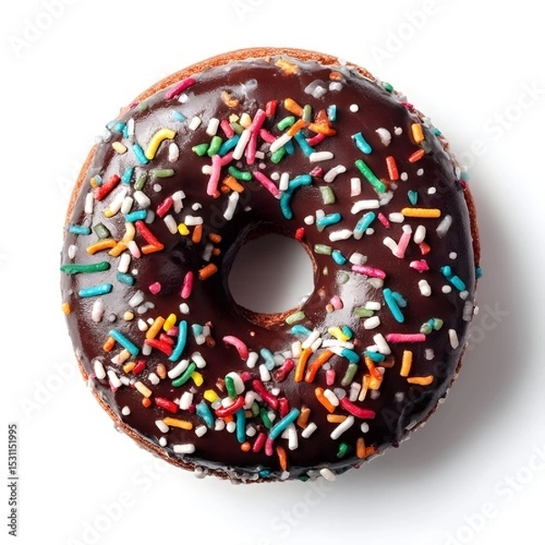 Obraz Round chocolate donut with sprinkles on top on white background