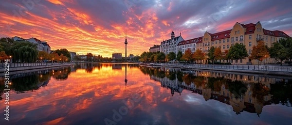 Fototapeta Berlin sunset reflecting on Spree river