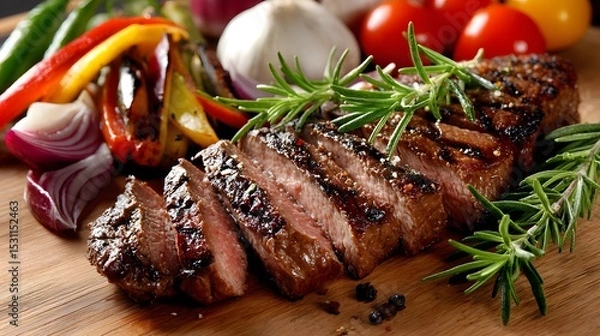 Obraz Sliced ​​grilled steak resting on rosemary sprig with vegetables